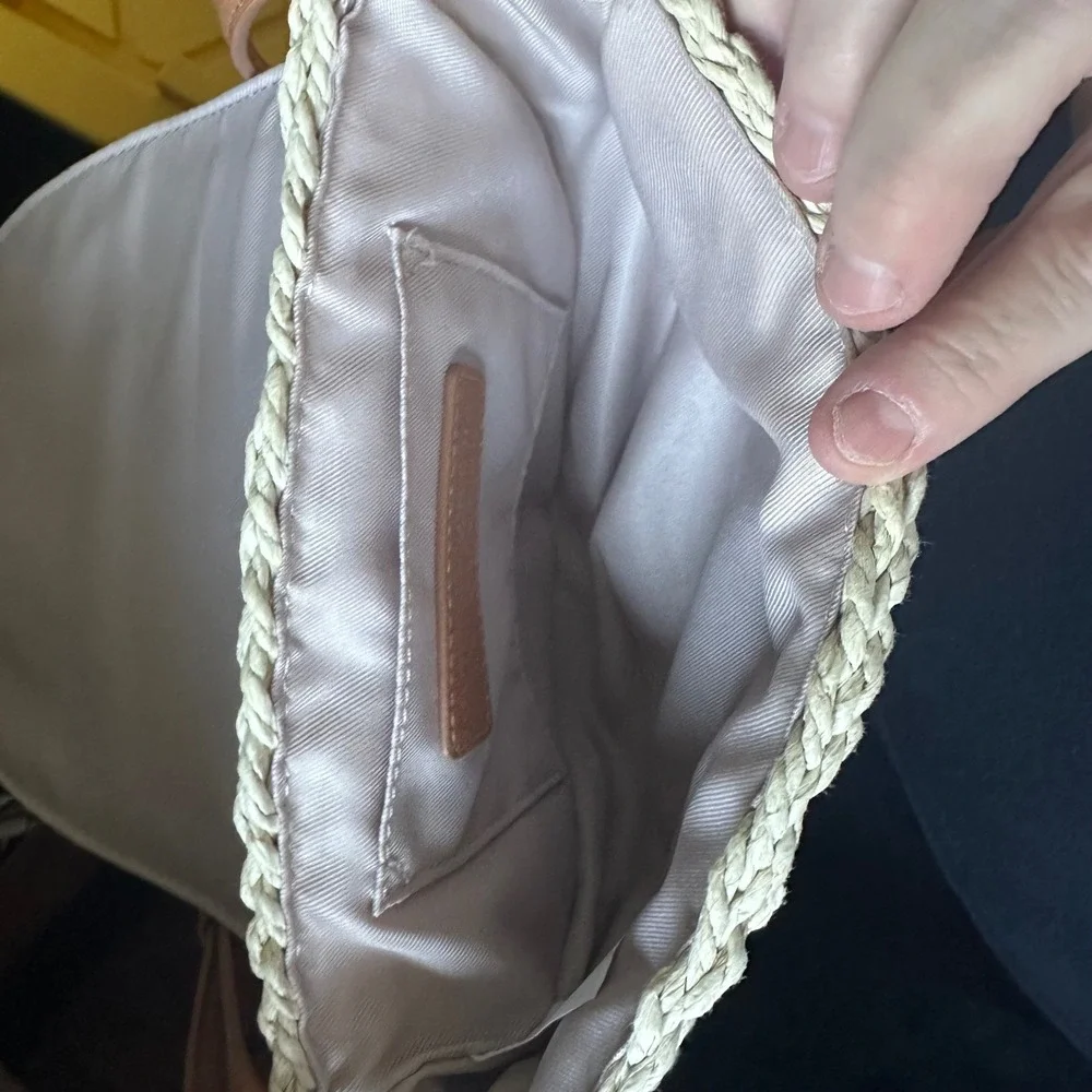 Straw Crossbody Bag Tan Faux Leather‎ Trim Shell Accent Summer Beach